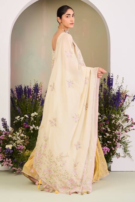 Buy_Sue Mue_Yellow Georgette, Chiffon Sequins, Beads, Embroidery Pastel Floral Kurta Set _Online_at_Aza_Fashions