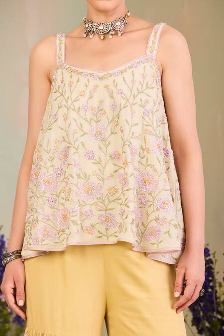 Shop_Sue Mue_Yellow Georgette, Chiffon Sequins, Beads, Embroidery Pastel Floral Kurta Set _Online_at_Aza_Fashions