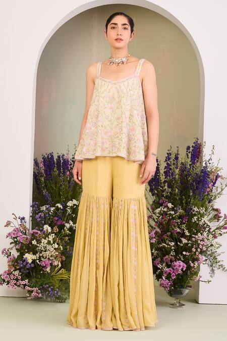 Sue Mue_Yellow Georgette, Chiffon Sequins, Beads, Embroidery Pastel Floral Kurta Set _at_Aza_Fashions