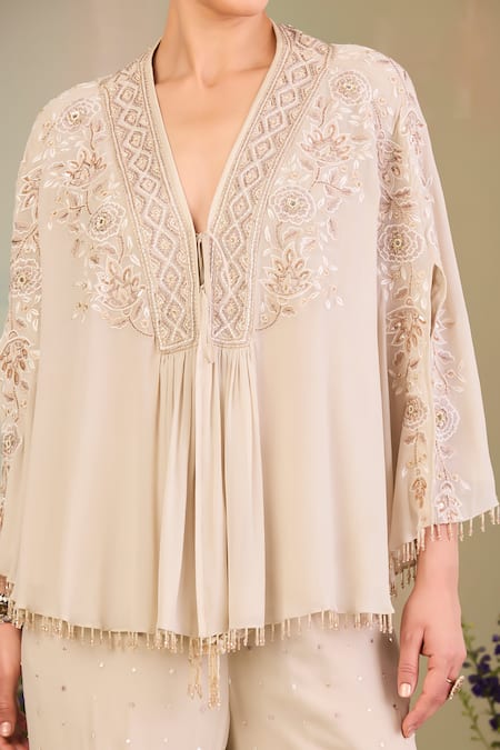 Buy Sue Mue White Georgette Sequins, Beads V-neck Embroidered Cape Gharara Set Online at Aza Fashions Buy_Sue Mue_White Georgette Sequins, Beads V-neck Embroidered Cape Gharara Set _Online_at_Aza_Fashions