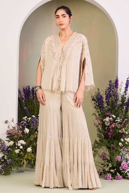 Sue Mue White Georgette Sequins, Beads V-neck Embroidered Cape Gharara Set 