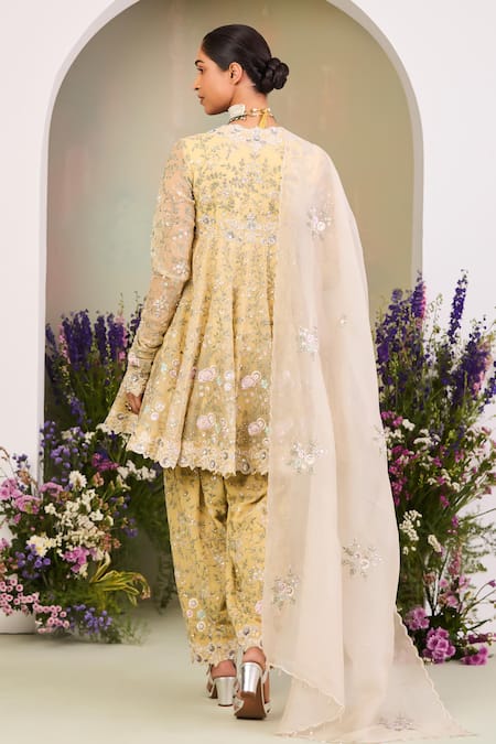 Shop Sue Mue Yellow Silk Organza, Georgette Sequins, Beads, Cut Embroidered Anarkali Set at Aza Fashions Shop_Sue Mue_Yellow Silk Organza, Georgette Sequins, Beads, Cut Embroidered Anarkali Set _at_Aza_Fashions