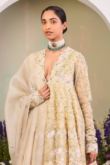 Sue Mue Yellow Silk Organza, Georgette Sequins, Beads, Cut Embroidered Anarkali Set Online at Aza Fashions Sue Mue_Yellow Silk Organza, Georgette Sequins, Beads, Cut Embroidered Anarkali Set _Online_at_Aza_Fashions