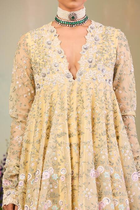 Shop Sue Mue Yellow Silk Organza, Georgette Sequins, Beads, Cut Embroidered Anarkali Set Online at Aza Fashions Shop_Sue Mue_Yellow Silk Organza, Georgette Sequins, Beads, Cut Embroidered Anarkali Set _Online_at_Aza_Fashions