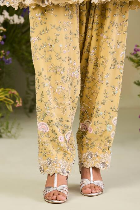 Sue Mue Yellow Silk Organza, Georgette Sequins, Beads, Cut Embroidered Anarkali Set at Aza Fashions Sue Mue_Yellow Silk Organza, Georgette Sequins, Beads, Cut Embroidered Anarkali Set _at_Aza_Fashions