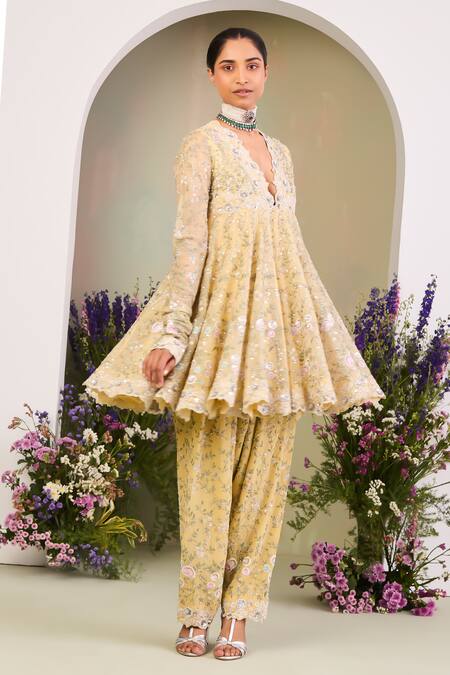 Buy Sue Mue Yellow Silk Organza, Georgette Sequins, Beads, Cut Embroidered Anarkali Set Buy_Sue Mue_Yellow Silk Organza, Georgette Sequins, Beads, Cut Embroidered Anarkali Set