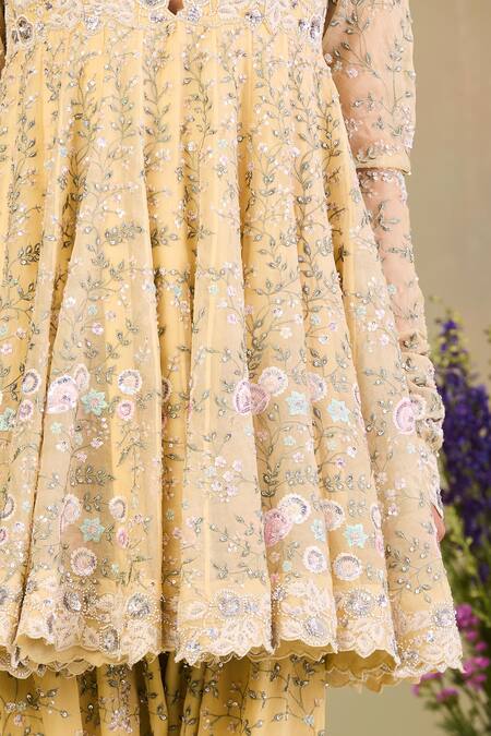 Shop Sue Mue Yellow Silk Organza, Georgette Sequins, Beads, Cut Embroidered Anarkali Set Shop_Sue Mue_Yellow Silk Organza, Georgette Sequins, Beads, Cut Embroidered Anarkali Set