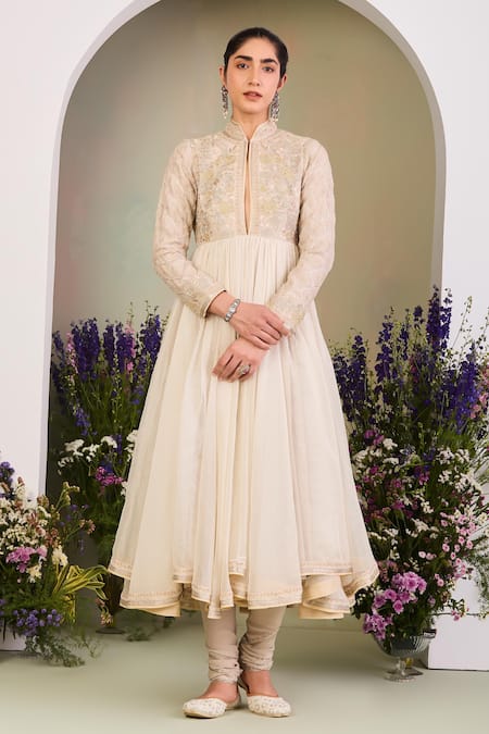 Shop Sue Mue White , , Lycra, Crepe, Embroidery, Anarkali Kurta Set Shop_Sue Mue_White , , Lycra, Crepe, Embroidery, Anarkali Kurta Set