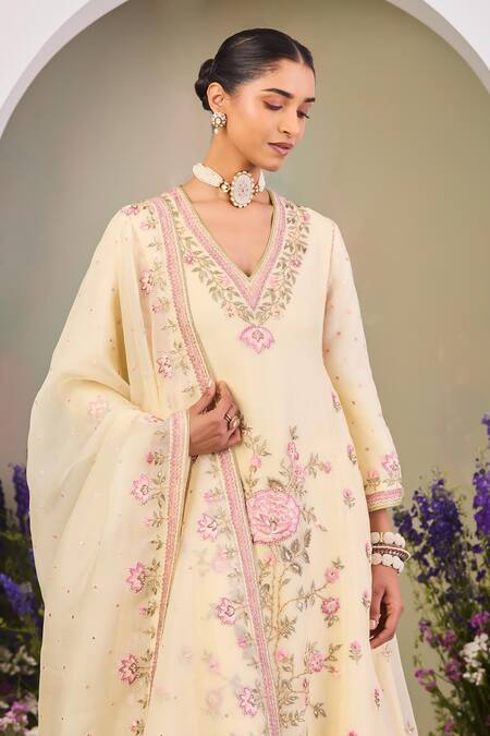 Sue Mue Yellow Silk Organza Sequins, Beads V-neck Light Embroidered Anarkali Set Online at Aza Fashions Sue Mue_Yellow Silk Organza Sequins, Beads V-neck Light Embroidered Anarkali Set _Online_at_Aza_Fashions