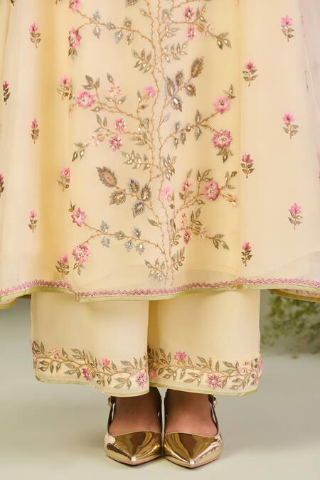 Buy Sue Mue Yellow Silk Organza Sequins, Beads V-neck Light Embroidered Anarkali Set Online at Aza Fashions Buy_Sue Mue_Yellow Silk Organza Sequins, Beads V-neck Light Embroidered Anarkali Set _Online_at_Aza_Fashions