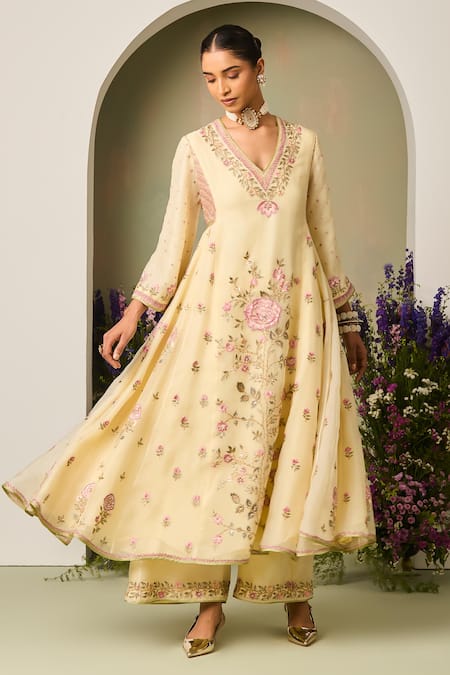 Shop Sue Mue Yellow Silk Organza Sequins, Beads V-neck Light Embroidered Anarkali Set Online at Aza Fashions Shop_Sue Mue_Yellow Silk Organza Sequins, Beads V-neck Light Embroidered Anarkali Set _Online_at_Aza_Fashions