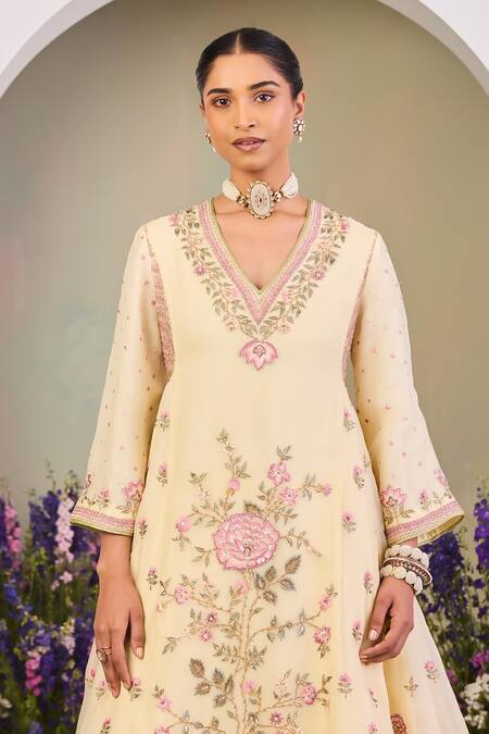 Sue Mue Yellow Silk Organza Sequins, Beads V-neck Light Embroidered Anarkali Set at Aza Fashions Sue Mue_Yellow Silk Organza Sequins, Beads V-neck Light Embroidered Anarkali Set _at_Aza_Fashions