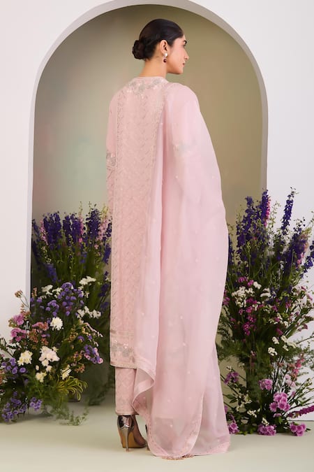 Shop Sue Mue Pink Georgette, Silk Organza Beads, Embroidery Keyhole Neck Pastel Kurta Set at Aza Fashions Shop_Sue Mue_Pink Georgette, Silk Organza Beads, Embroidery Keyhole Neck Pastel Kurta Set _at_Aza_Fashions