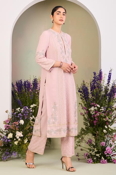Buy Sue Mue Pink Georgette, Silk Organza Beads, Embroidery Keyhole Neck Pastel Kurta Set Online at Aza Fashions Buy_Sue Mue_Pink Georgette, Silk Organza Beads, Embroidery Keyhole Neck Pastel Kurta Set _Online_at_Aza_Fashions