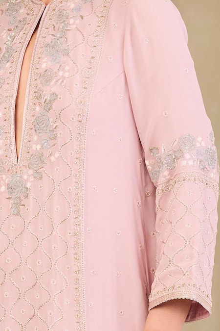Buy Sue Mue Pink Georgette, Silk Organza Beads, Embroidery Keyhole Neck Pastel Kurta Set Buy_Sue Mue_Pink Georgette, Silk Organza Beads, Embroidery Keyhole Neck Pastel Kurta Set
