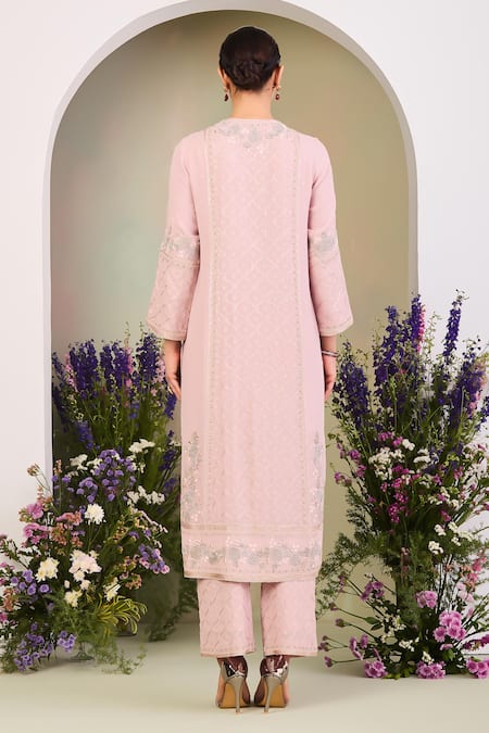 Shop Sue Mue Pink Georgette, Silk Organza Beads, Embroidery Keyhole Neck Pastel Kurta Set Shop_Sue Mue_Pink Georgette, Silk Organza Beads, Embroidery Keyhole Neck Pastel Kurta Set