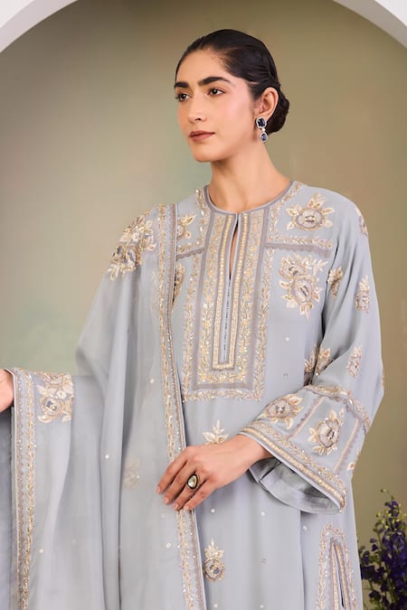 Sue Mue Blue Georgette, Silk Organza Embroidery, Sequins, Beads Split Ice Kurta Set Online at Aza Fashions Sue Mue_Blue Georgette, Silk Organza Embroidery, Sequins, Beads Split Ice Kurta Set _Online_at_Aza_Fashions