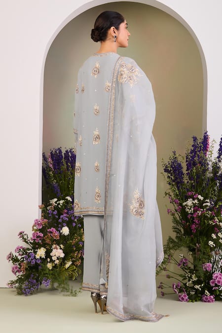 Shop Sue Mue Blue Georgette, Silk Organza Embroidery, Sequins, Beads Split Ice Kurta Set at Aza Fashions Shop_Sue Mue_Blue Georgette, Silk Organza Embroidery, Sequins, Beads Split Ice Kurta Set _at_Aza_Fashions