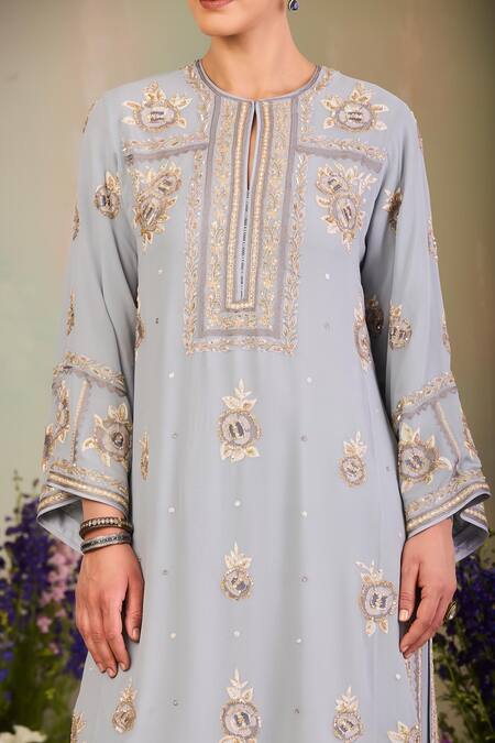 Shop Sue Mue Blue Georgette, Silk Organza Embroidery, Sequins, Beads Split Ice Kurta Set Online at Aza Fashions Shop_Sue Mue_Blue Georgette, Silk Organza Embroidery, Sequins, Beads Split Ice Kurta Set _Online_at_Aza_Fashions
