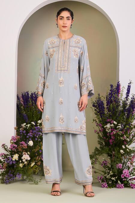 Sue Mue Blue Georgette, Silk Organza Embroidery, Sequins, Beads Split Ice Kurta Set at Aza Fashions Sue Mue_Blue Georgette, Silk Organza Embroidery, Sequins, Beads Split Ice Kurta Set _at_Aza_Fashions