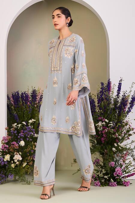 Buy Sue Mue Blue Georgette, Silk Organza Embroidery, Sequins, Beads Split Ice Kurta Set Buy_Sue Mue_Blue Georgette, Silk Organza Embroidery, Sequins, Beads Split Ice Kurta Set