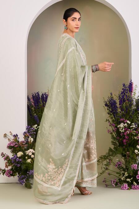 Sue Mue Peach Georgette, , Tissue, Handloom Sequins, Sage Green Kurta Set Online at Aza Fashions Sue Mue_Peach Georgette, , Tissue, Handloom Sequins, Sage Green Kurta Set _Online_at_Aza_Fashions