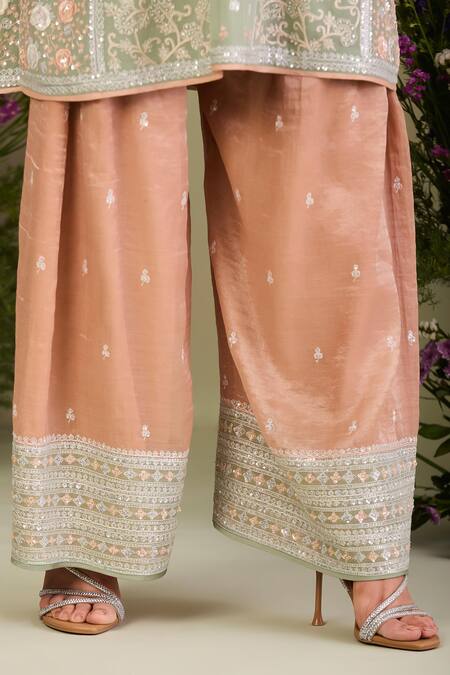 Buy Sue Mue Peach Georgette, , Tissue, Handloom Sequins, Sage Green Kurta Set Online at Aza Fashions Buy_Sue Mue_Peach Georgette, , Tissue, Handloom Sequins, Sage Green Kurta Set _Online_at_Aza_Fashions