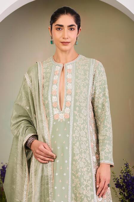 Shop Sue Mue Peach Georgette, , Tissue, Handloom Sequins, Sage Green Kurta Set Online at Aza Fashions Shop_Sue Mue_Peach Georgette, , Tissue, Handloom Sequins, Sage Green Kurta Set _Online_at_Aza_Fashions