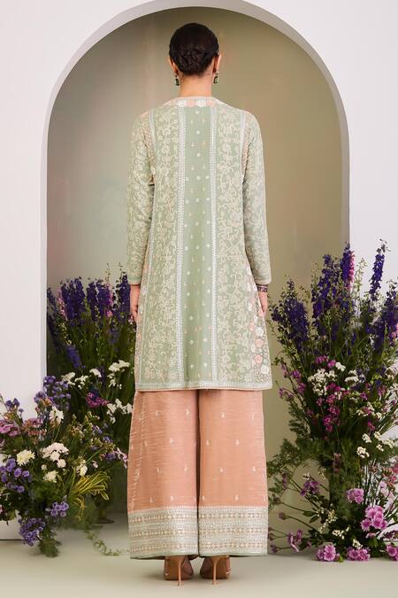 Sue Mue Peach Georgette, , Tissue, Handloom Sequins, Sage Green Kurta Set at Aza Fashions Sue Mue_Peach Georgette, , Tissue, Handloom Sequins, Sage Green Kurta Set _at_Aza_Fashions