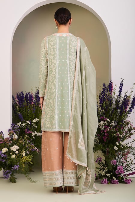 Shop Sue Mue Peach Georgette, , Tissue, Handloom Sequins, Sage Green Kurta Set at Aza Fashions Shop_Sue Mue_Peach Georgette, , Tissue, Handloom Sequins, Sage Green Kurta Set _at_Aza_Fashions