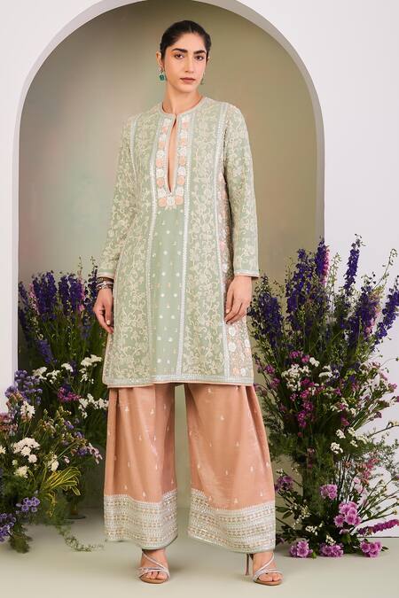 Buy Sue Mue Peach Georgette, , Tissue, Handloom Sequins, Sage Green Kurta Set Buy_Sue Mue_Peach Georgette, , Tissue, Handloom Sequins, Sage Green Kurta Set