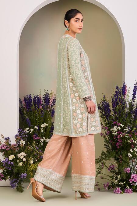 Shop Sue Mue Peach Georgette, , Tissue, Handloom Sequins, Sage Green Kurta Set Shop_Sue Mue_Peach Georgette, , Tissue, Handloom Sequins, Sage Green Kurta Set