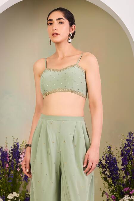 Sue Mue Sapphire Silk Organza, Crepe Sequins, Sage Green Embroidered Cape And Pant Set Online at Aza Fashions Sue Mue_Sapphire Silk Organza, Crepe Sequins, Sage Green Embroidered Cape And Pant Set _Online_at_Aza_Fashions