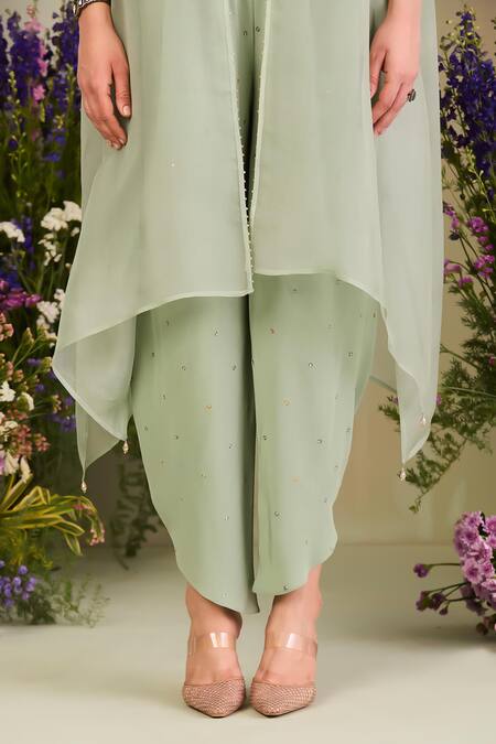 Buy_Sue Mue_Sapphire Silk Organza, Crepe Sequins, Sage Green Embroidered Cape And Pant Set _Online_at_Aza_Fashions