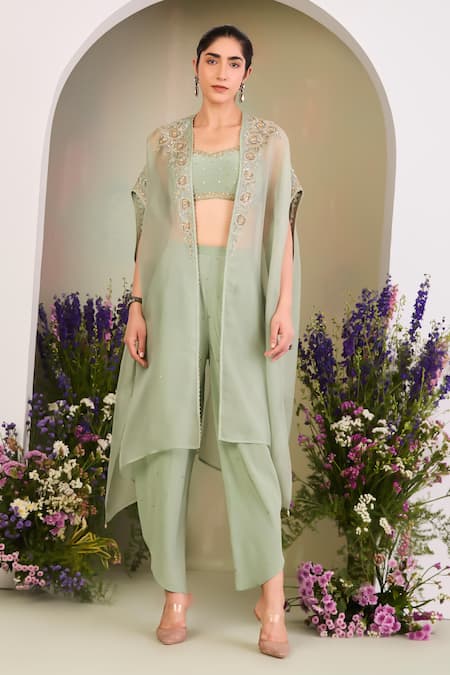Sue Mue Sapphire Silk Organza, Crepe Sequins, Sage Green Embroidered Cape And Pant Set 