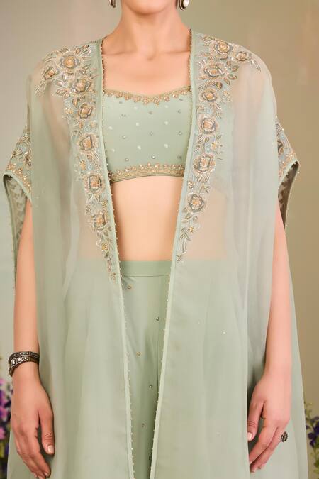 Shop Sue Mue Sapphire Silk Organza, Crepe Sequins, Sage Green Embroidered Cape And Pant Set Online at Aza Fashions Shop_Sue Mue_Sapphire Silk Organza, Crepe Sequins, Sage Green Embroidered Cape And Pant Set _Online_at_Aza_Fashions