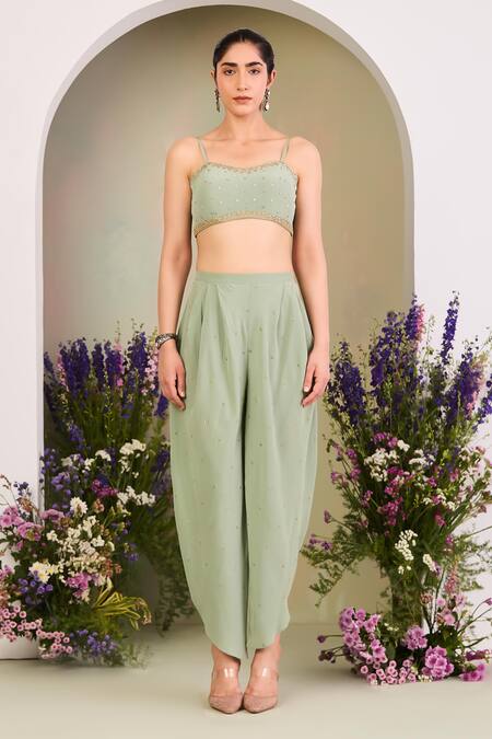 Sue Mue Sapphire Silk Organza, Crepe Sequins, Sage Green Embroidered Cape And Pant Set at Aza Fashions Sue Mue_Sapphire Silk Organza, Crepe Sequins, Sage Green Embroidered Cape And Pant Set _at_Aza_Fashions