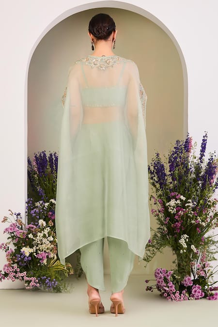 Shop Sue Mue Sapphire Silk Organza, Crepe Sequins, Sage Green Embroidered Cape And Pant Set at Aza Fashions Shop_Sue Mue_Sapphire Silk Organza, Crepe Sequins, Sage Green Embroidered Cape And Pant Set _at_Aza_Fashions