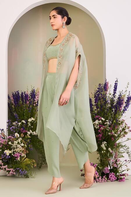 Buy Sue Mue Sapphire Silk Organza, Crepe Sequins, Sage Green Embroidered Cape And Pant Set Buy_Sue Mue_Sapphire Silk Organza, Crepe Sequins, Sage Green Embroidered Cape And Pant Set