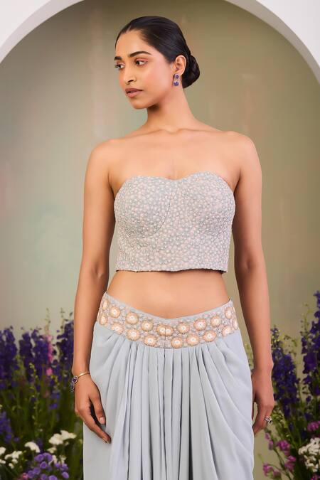 Sue Mue Blue Georgette Beads, Stones, Pearls Round Neck, Ice Fusion Style Kurta Set Online at Aza Fashions Sue Mue_Blue Georgette Beads, Stones, Pearls Round Neck, Ice Fusion Style Kurta Set _Online_at_Aza_Fashions