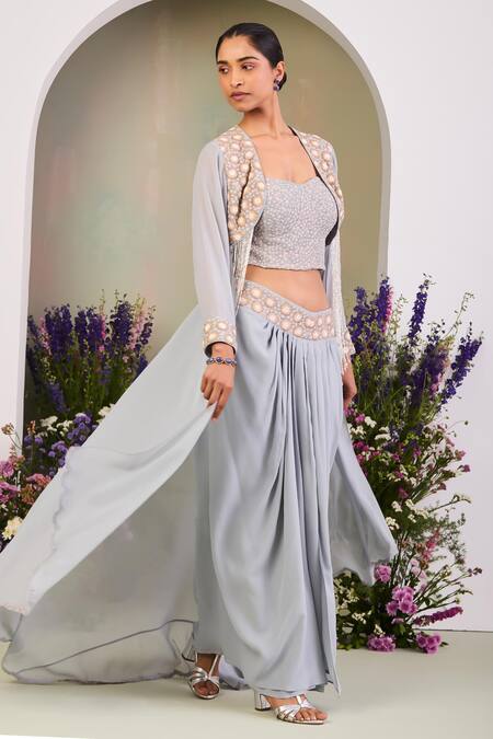 Shop Sue Mue Blue Georgette Beads, Stones, Pearls Round Neck, Ice Fusion Style Kurta Set Online at Aza Fashions Shop_Sue Mue_Blue Georgette Beads, Stones, Pearls Round Neck, Ice Fusion Style Kurta Set _Online_at_Aza_Fashions
