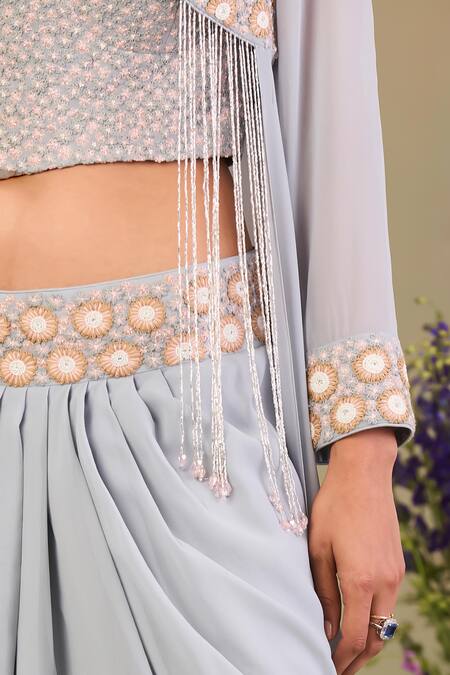 Shop Sue Mue Blue Georgette Beads, Stones, Pearls Round Neck, Ice Fusion Style Kurta Set Shop_Sue Mue_Blue Georgette Beads, Stones, Pearls Round Neck, Ice Fusion Style Kurta Set