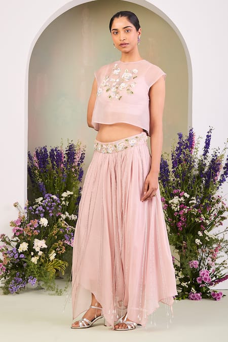 Shop Sue Mue Pink Chiffon, Silk Beads, Stones, Sequins Round Neck Pastel Fusion Set Online at Aza Fashions Shop_Sue Mue_Pink Chiffon, Silk Beads, Stones, Sequins Round Neck Pastel Fusion Set _Online_at_Aza_Fashions