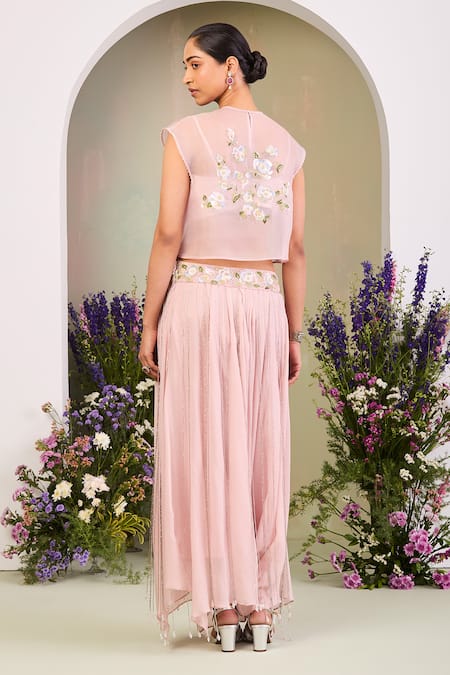 Shop Sue Mue Pink Chiffon, Silk Beads, Stones, Sequins Round Neck Pastel Fusion Set at Aza Fashions Shop_Sue Mue_Pink Chiffon, Silk Beads, Stones, Sequins Round Neck Pastel Fusion Set _at_Aza_Fashions