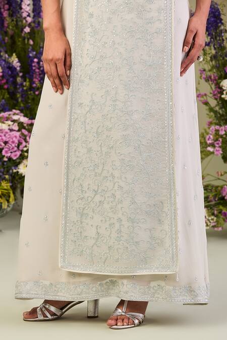 Shop_Sue Mue_Green Silk Organza, Georgette Pearls, Stones Round Floral Embroidered Kurta Set _Online_at_Aza_Fashions