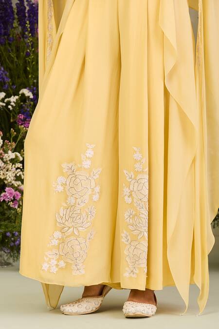 Sue Mue_Yellow Georgette Embroidery V-neck Pastel Jumpsuit _Online_at_Aza_Fashions