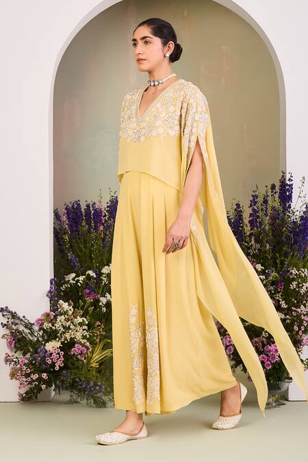 Buy_Sue Mue_Yellow Georgette Embroidery V-neck Pastel Jumpsuit _Online_at_Aza_Fashions