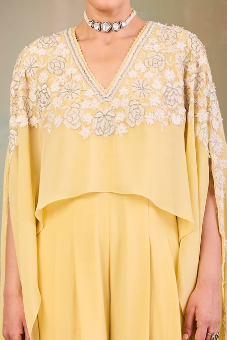 Shop_Sue Mue_Yellow Georgette Embroidery V-neck Pastel Jumpsuit _Online_at_Aza_Fashions