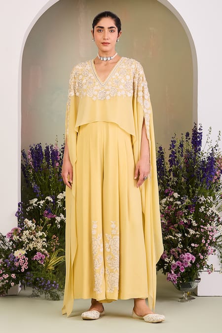 Sue Mue_Yellow Georgette Embroidery V-neck Pastel Jumpsuit _at_Aza_Fashions