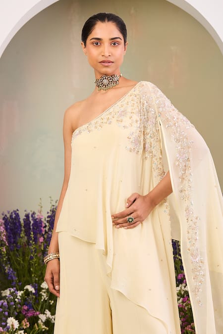 Sue Mue_Yellow Georgette Sequins, Beads, Pearls, Stones Light Embroidered Jumpsuit _Online_at_Aza_Fashions